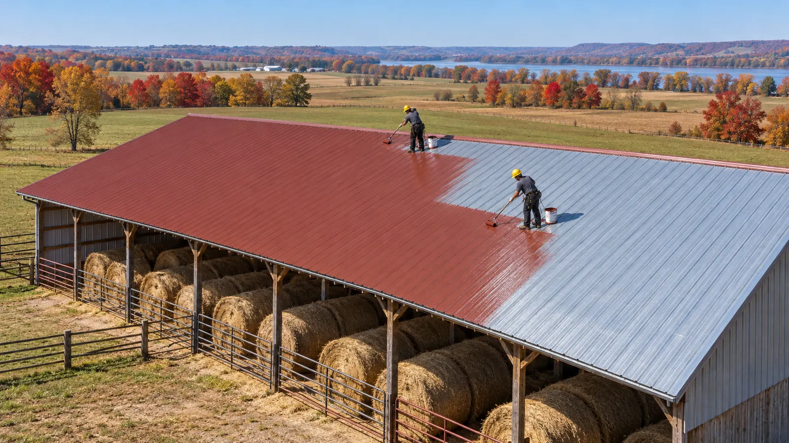 Aerial view of a metal-roofed farm building being prepared for coating
