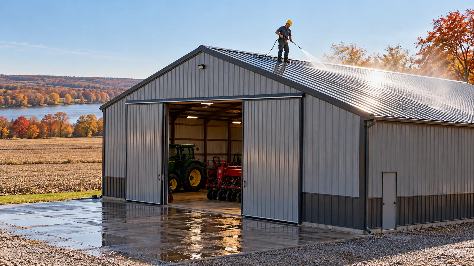 Crew cleaning and preparing metal roof panels on a farm building