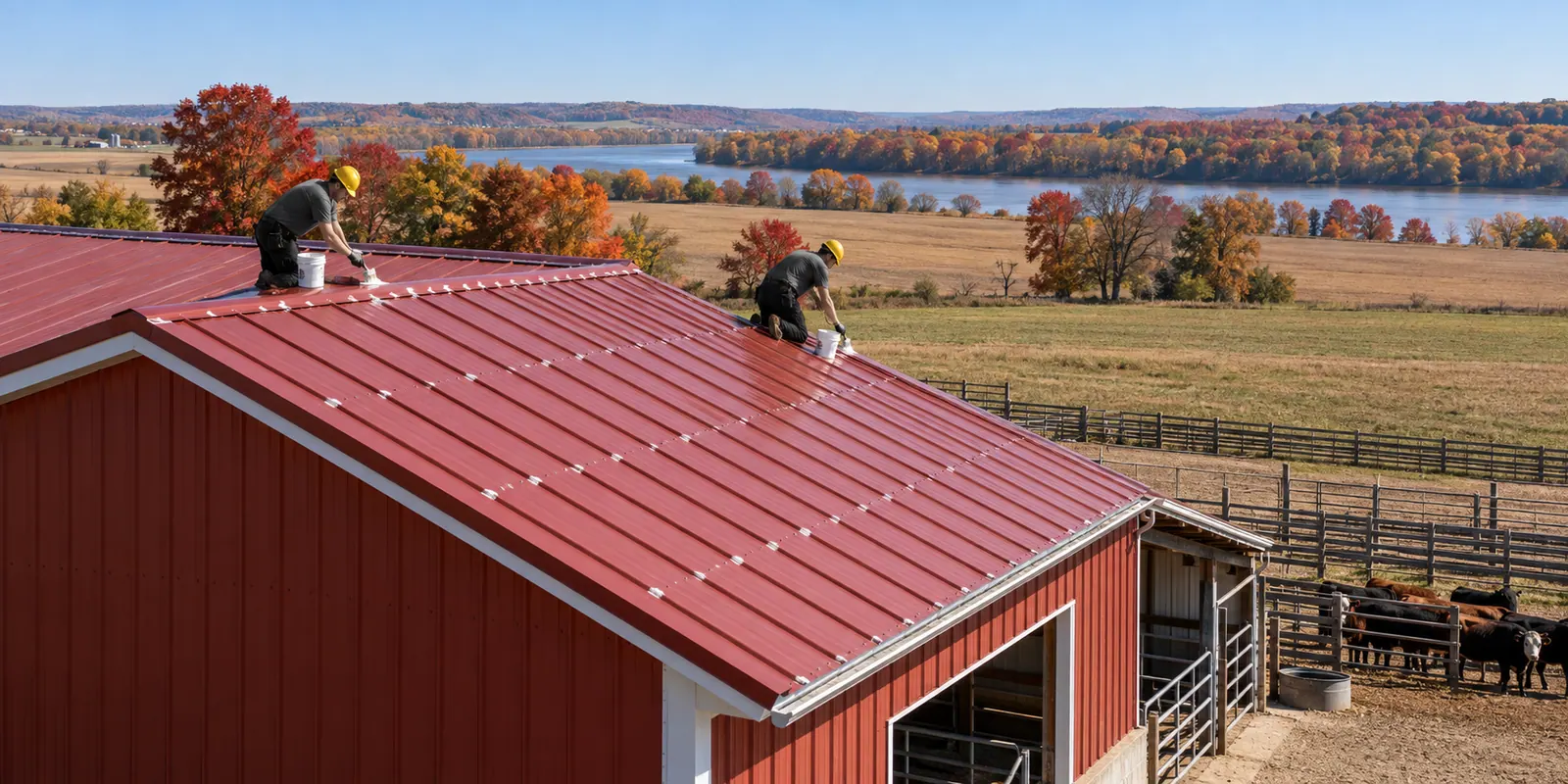 Close look at metal panel seams and screw rows on an older barn roof