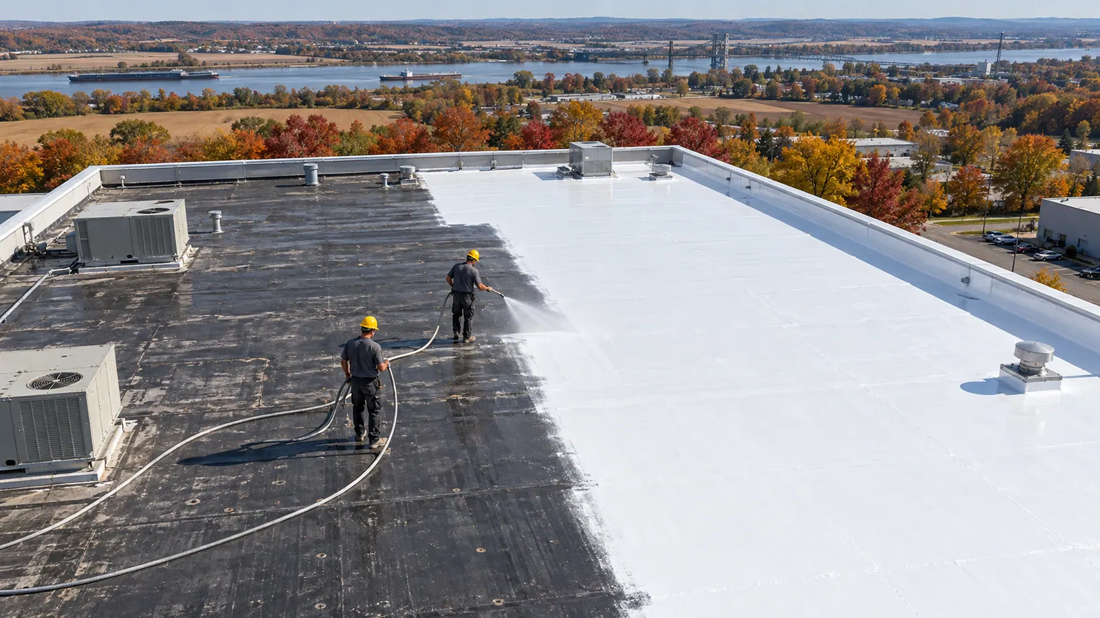 Aerial view of a low-slope commercial roof during silicone coating work