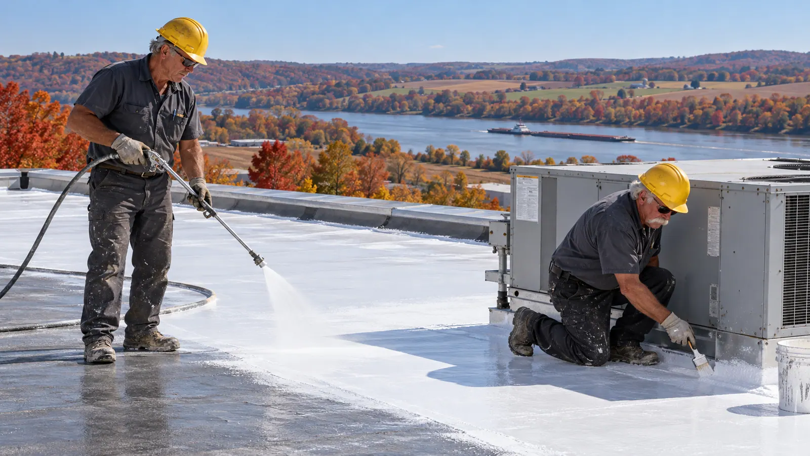 Crew rolling silicone roof coating on a low-slope commercial roof