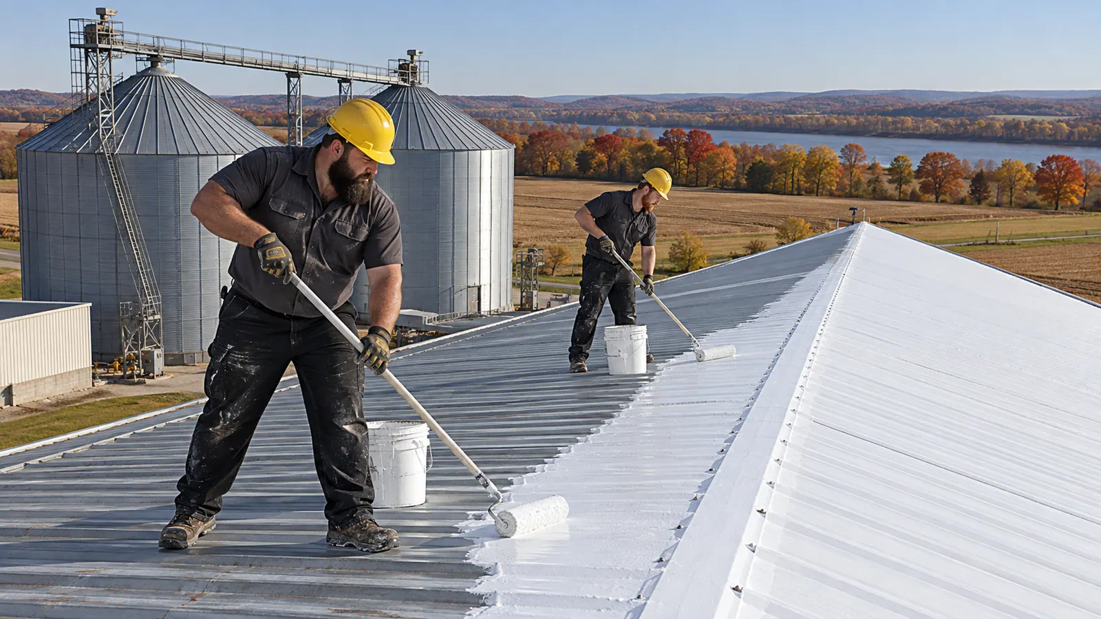 Crew applying white acrylic coating to pitched metal roof panels