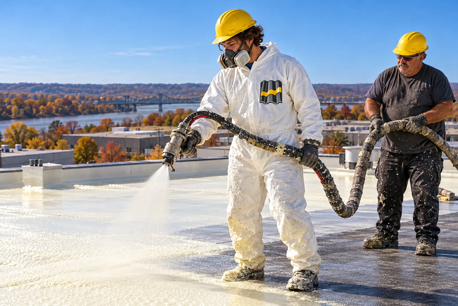 Applicator spraying polyurethane foam over a commercial roof