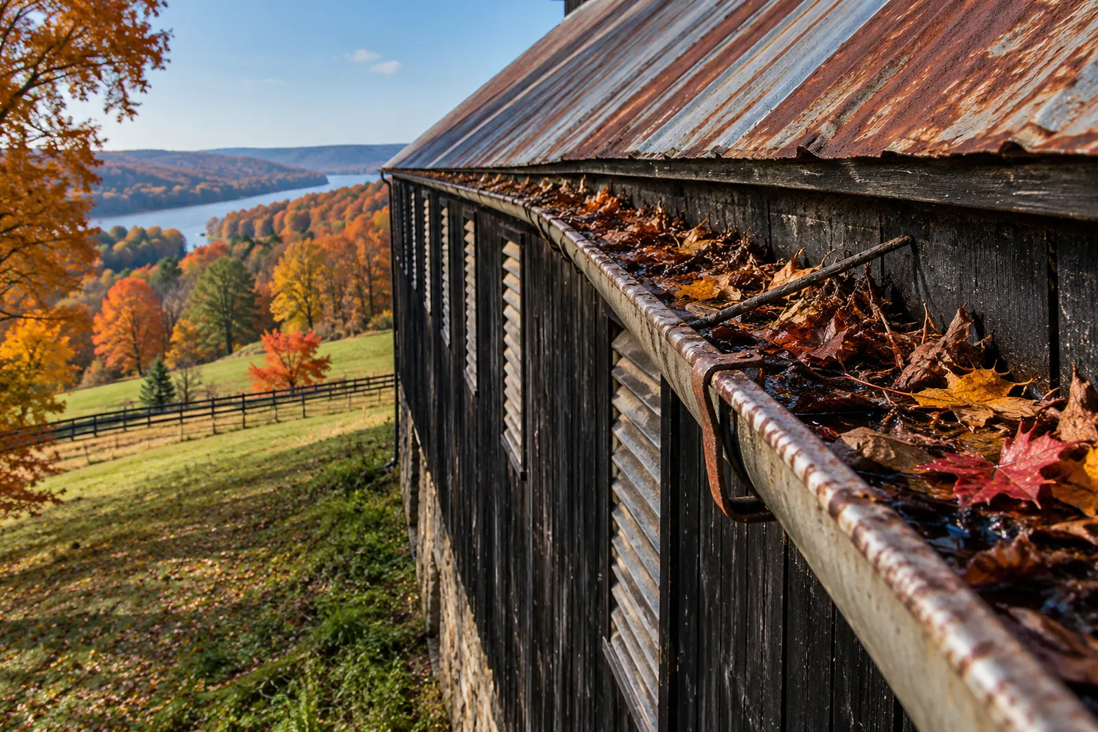 Gutter on a metal roof packed with leaves and debris